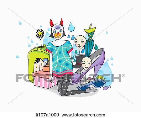 Stock Illustration - A illustration of a girl wearing a mask in a room with face mannequins . Fotosearch