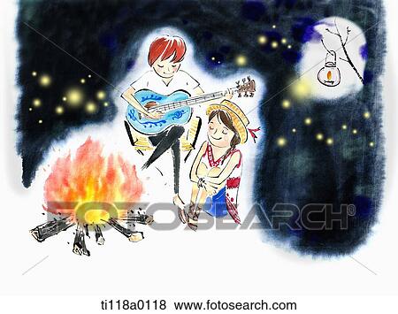Stock Illustration - A illustration of a guy playing a guitar in front of a camping fire. Fotosearch