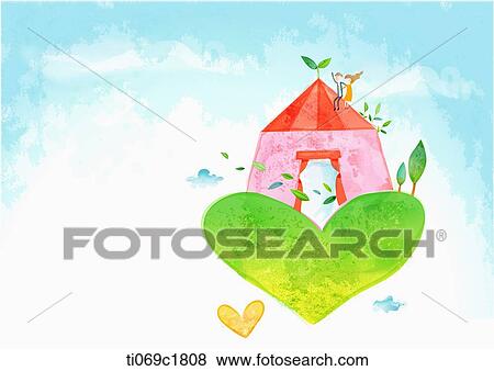 A illustration of a house on a heart shape land View Large Illustration Stock Illustration - A illustration of a house on a heart shape land. Fotosearch