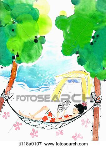 A illustration of a lady lying on a hammock View Large Illustration Stock Illustration - A illustration of a lady lying on a hammock. Fotosearch
