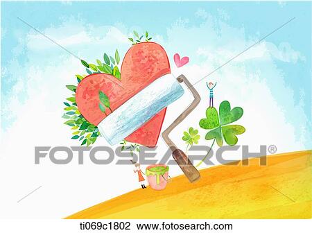 Drawing - A illustration of a paint roller painting a heart. Fotosearch