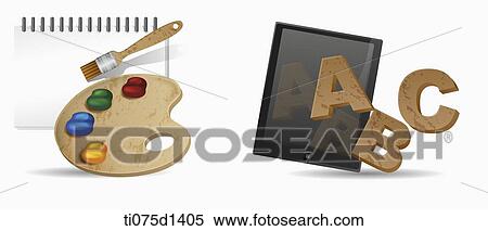 Stock Illustration - A illustration of a paints with sketchbook and alphabets on tablet. Fotosearch
