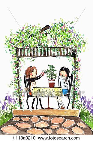 A illustration of a plant on a table with two ladies sitting on a table View Large Illustration Clipart - A illustration of a plant on a table with two ladies sitting on a table . Fotosearch