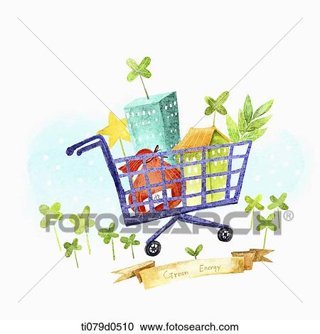 A illustration of a shopping cart with buildings inside View Large Illustration Clipart - A illustration of a shopping cart with buildings inside. Fotosearch