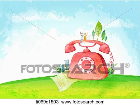 A illustration of a telephone on a hill View Large Illustration Drawing - A illustration of a telephone on a hill. Fotosearch