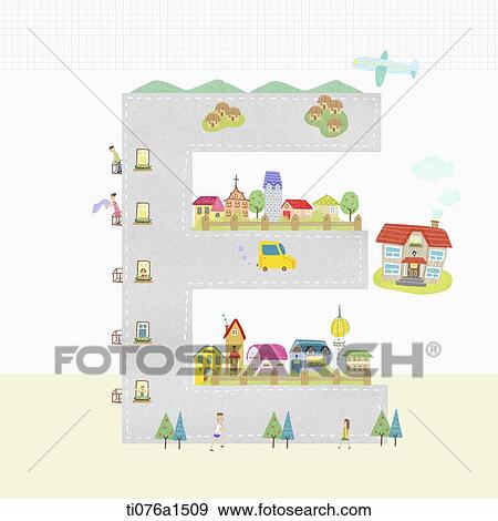 Stock Illustration - A illustration of a town on letter E. Fotosearch