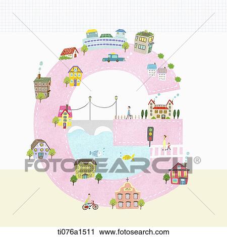 Clip Art - A illustration of a town on letter G. Fotosearch