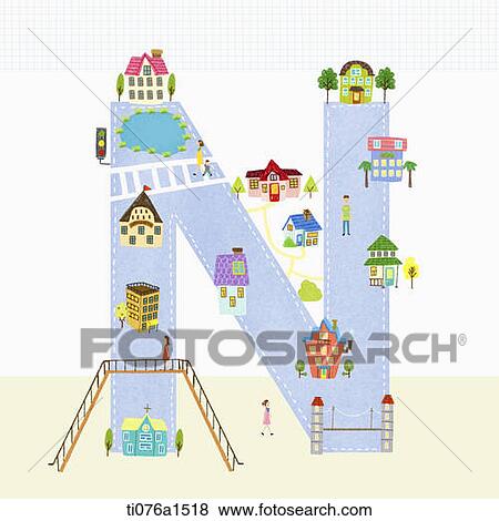 Stock Illustration - A illustration of a town on letter N. Fotosearch