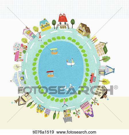 Stock Illustration - A illustration of a town on letter O . Fotosearch