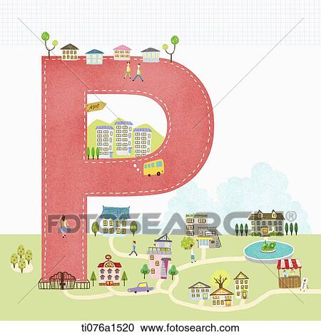 A illustration of a town on letter P View Large Illustration Clipart - A illustration of a town on letter P . Fotosearch