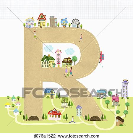 A illustration of a town on letter R View Large Illustration Drawing - A illustration of a town on letter R. Fotosearch