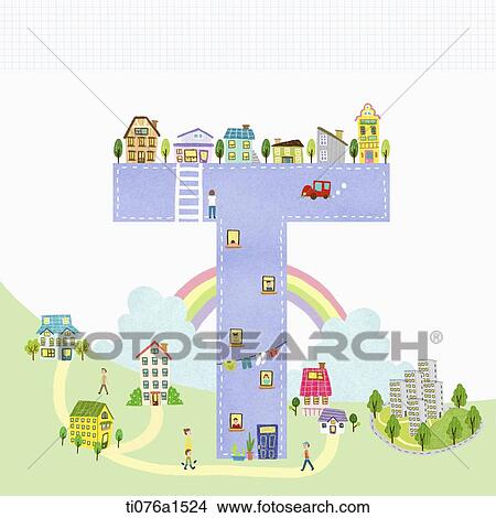 Stock Illustration - A illustration of a town on letter T. Fotosearch