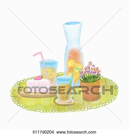 A illustration of a tray with cold drinks, a cake with a mini plant View Large Illustration Stock Illustration - A illustration of a tray with cold drinks, a cake with a mini plant. Fotosearch
