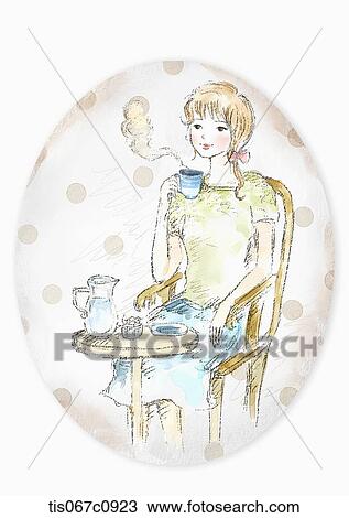 A illustration of a woman drinking a coffee on a coffee table View Large Illustration Drawing - A illustration of a woman drinking a coffee on a coffee table. Fotosearch