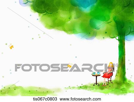 Drawing - A illustration of a woman having a coffee under a tree. Fotosearch