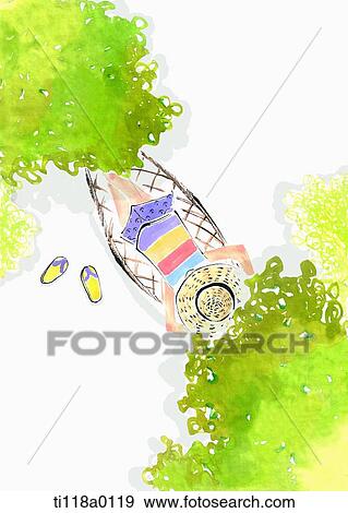 Stock Illustration - A illustration of a woman lying on a hammock with a beach hat . Fotosearch