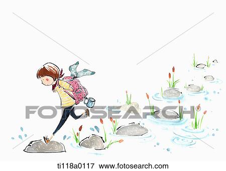 Stock Illustration - A illustration of a woman walking on a stone bridge in pond. Fotosearch