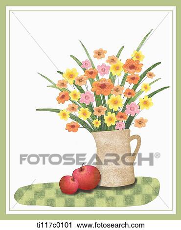 A illustration of apples next to flowers in a vase View Large Illustration Clip Art - A illustration of apples next to flowers in a vase. Fotosearch