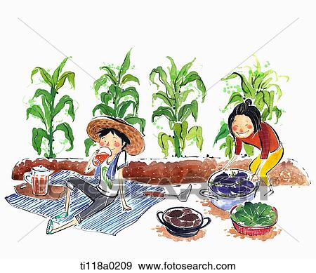 Stock Illustration - A illustration of baskets of eggplants next to a man having a rest after gardening . Fotosearch