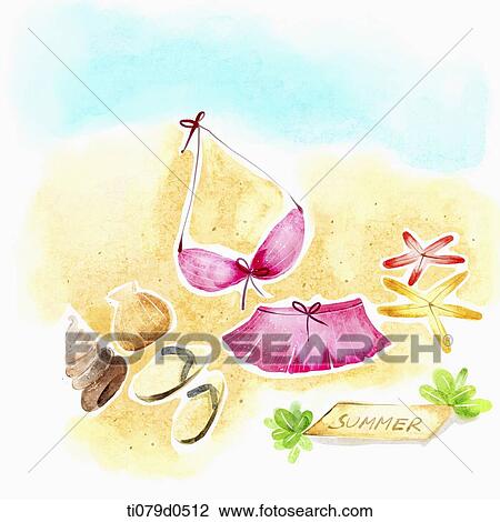 A illustration of beach items on sand View Large Illustration Drawing - A illustration of beach items on sand. Fotosearch