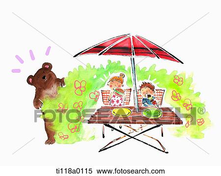 Stock Illustration - A illustration of bear looking at kids eating breakfast on a camping table. Fotosearch
