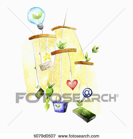A illustration of different green engery items hanging View Large Illustration Stock Illustration - A illustration of different green engery items hanging . Fotosearch