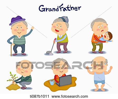 Clip Art - A illustration of grandfather in different position and emotions. Fotosearch