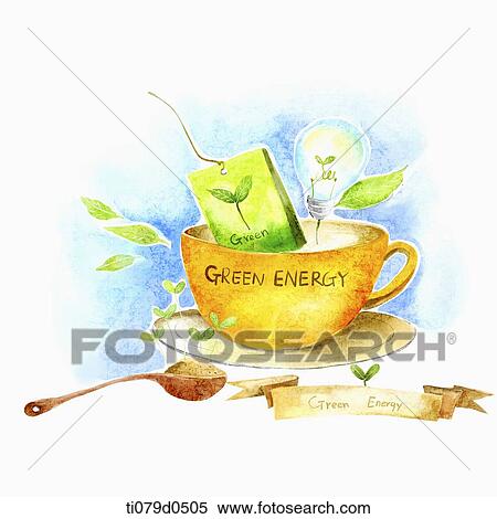 A illustration of green tea in a cup saying green energy View Large Illustration Stock Illustration - A illustration of green tea in a cup saying green energy. Fotosearch