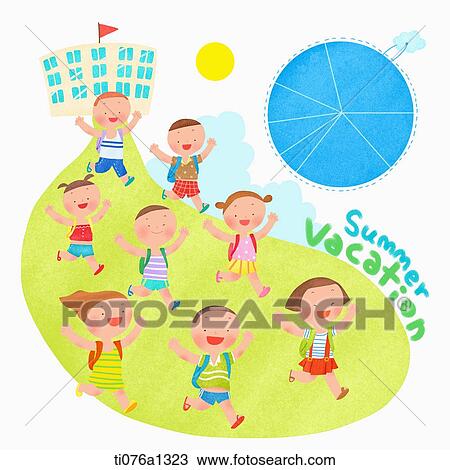 Drawing - A illustration of kids running out of a school on summer vacation. Fotosearch