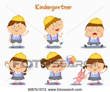 A illustration of kindergartner in different position and emotions View Large Illustration Drawing - A illustration of kindergartner in different position and emotions. Fotosearch