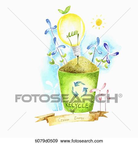 Stock Illustration - A illustration of light bulb plant on a reclycing pot. Fotosearch
