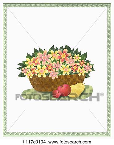 Stock Illustration - A illustration of pears and apples in front of a vase full of flowers . Fotosearch