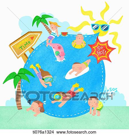 A illustration of people enjoying summer vacation in water View Large Illustration Stock Illustration - A illustration of people enjoying summer vacation in water. Fotosearch