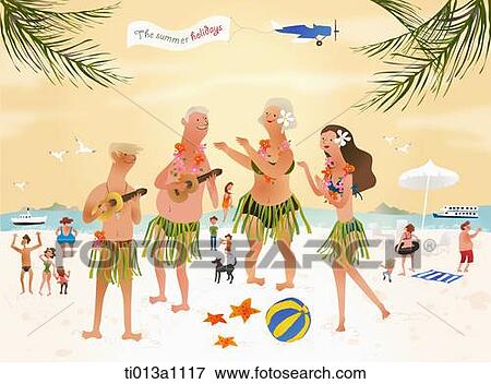 A illustration of people in straw skirts playing instruments in holiday place View Large Illustration Stock Illustration - A illustration of people in straw skirts playing instruments in holiday place. Fotosearch