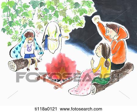 Clip Art - A illustration of people sitting on a wood branch with a camping fire in middle. Fotosearch