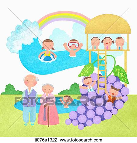 Drawing - A illustration of people sitting on a hut and cloud in summer . Fotosearch