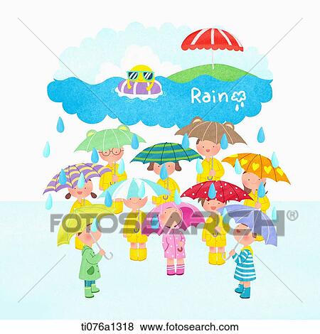 Stock Illustration - A illustration of people standing with umbrellas. Fotosearch