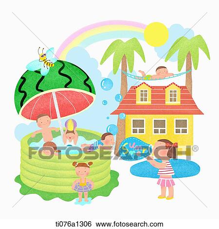 Stock Illustration - A illustration of people swimming in a inflatable pool. Fotosearch