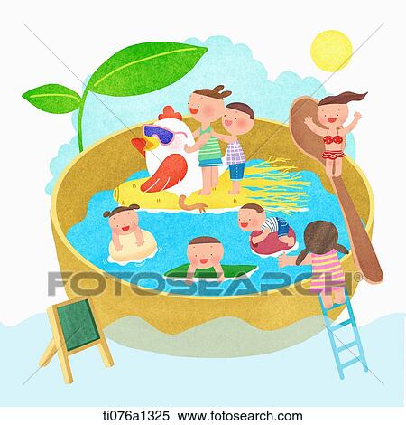 Stock Illustration - A illustration of people swimming in a plant pot. Fotosearch