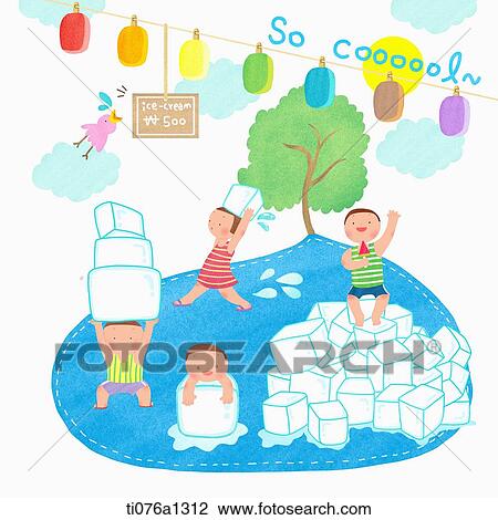 Drawing - A illustration of people with ice cubes in summer vacation. Fotosearch