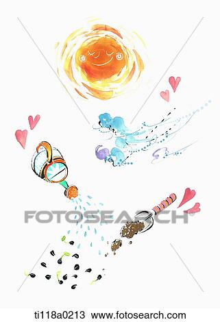 Drawing - A illustration of planting equipments. Fotosearch