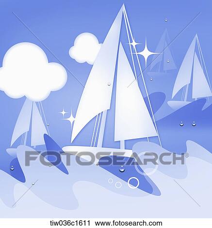 Clip Art - A illustration of sailboats on waves. Fotosearch
