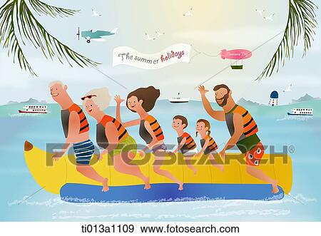 A illustration of tourists riding a banana boat View Large Illustration Stock Illustration - A illustration of tourists riding a banana boat. Fotosearch