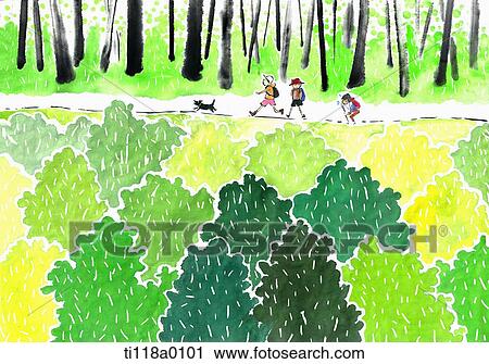 A illustration of travellers walking in a forest View Large Illustration Clip Art - A illustration of travellers walking in a forest. Fotosearch