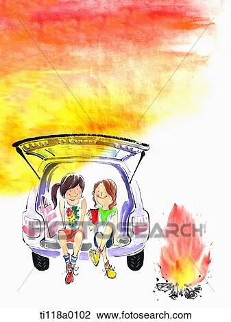 A illustration of two girls sinking in a car trunk View Large Illustration Drawing - A illustration of two girls sinking in a car trunk. Fotosearch