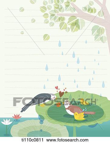 Clip Art - A letter template illustration of a mother bird feeding the young birds in rainy day. Fotosearch