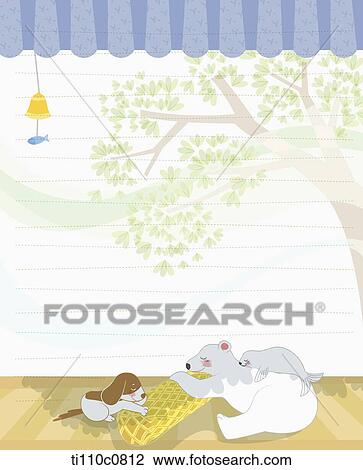 Drawing - A letter template illustration of polar bears and a dog sleeping in summer. Fotosearch