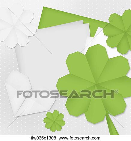 Stock Illustration - A memo design of origami green clovers and white hearts. Fotosearch