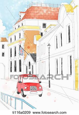 Stock Illustration - A painting of a london road next to houses. Fotosearch
