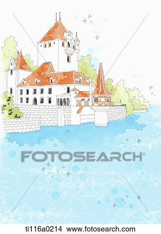 Stock Illustration - A painting of building next to a river. Fotosearch